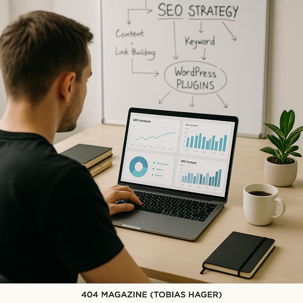 Moderne Arbeitsumgebung mit Entwickler, Laptop, Whiteboard mit SEO-Strategien und WordPress-Plugins, Notizbüchern, Kaffee und Pflanze