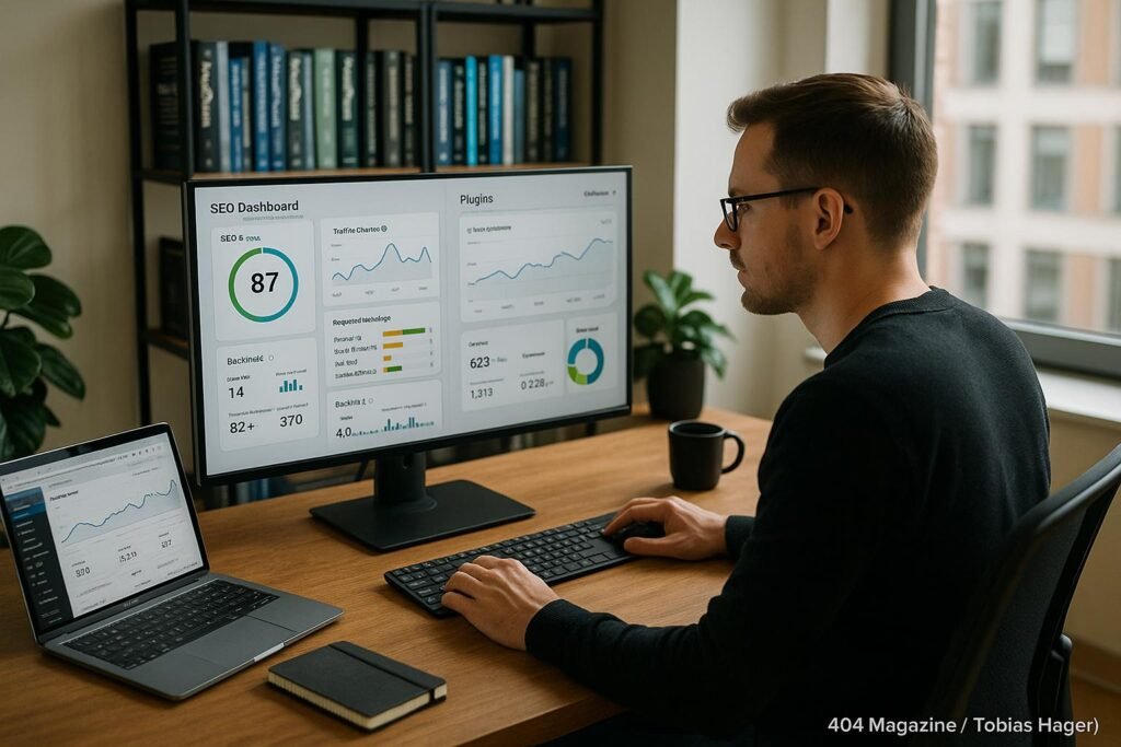 Entwickler arbeitet an einem großen Bildschirm mit SEO-Dashboards in einem modernen, gut ausgestatteten Büro mit Bücherregalen über WordPress und SEO