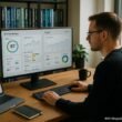Entwickler arbeitet an einem großen Bildschirm mit SEO-Dashboards in einem modernen, gut ausgestatteten Büro mit Bücherregalen über WordPress und SEO
