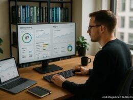 Entwickler arbeitet an einem großen Bildschirm mit SEO-Dashboards in einem modernen, gut ausgestatteten Büro mit Bücherregalen über WordPress und SEO