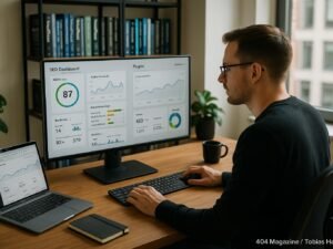 Entwickler arbeitet an einem großen Bildschirm mit SEO-Dashboards in einem modernen, gut ausgestatteten Büro mit Bücherregalen über WordPress und SEO
