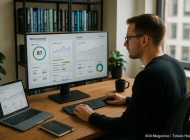 Entwickler arbeitet an einem großen Bildschirm mit SEO-Dashboards in einem modernen, gut ausgestatteten Büro mit Bücherregalen über WordPress und SEO
