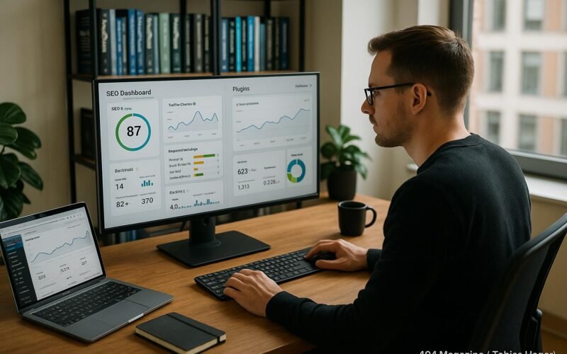 Entwickler arbeitet an einem großen Bildschirm mit SEO-Dashboards in einem modernen, gut ausgestatteten Büro mit Bücherregalen über WordPress und SEO
