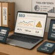 Detailliertes Stillleben eines modernen SEO-Workspaces mit Laptop, Tablets, Papierordnern und Whiteboard, zeigt Tools und Diagramme für technische Suchmaschinenoptimierung.