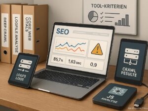 Detailliertes Stillleben eines modernen SEO-Workspaces mit Laptop, Tablets, Papierordnern und Whiteboard, zeigt Tools und Diagramme für technische Suchmaschinenoptimierung.