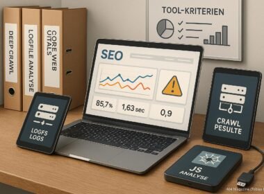 Detailliertes Stillleben eines modernen SEO-Workspaces mit Laptop, Tablets, Papierordnern und Whiteboard, zeigt Tools und Diagramme für technische Suchmaschinenoptimierung.