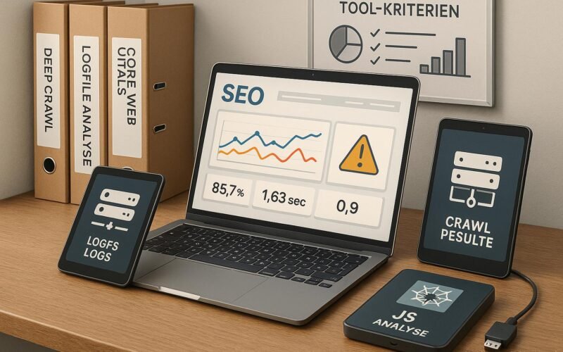 Detailliertes Stillleben eines modernen SEO-Workspaces mit Laptop, Tablets, Papierordnern und Whiteboard, zeigt Tools und Diagramme für technische Suchmaschinenoptimierung.