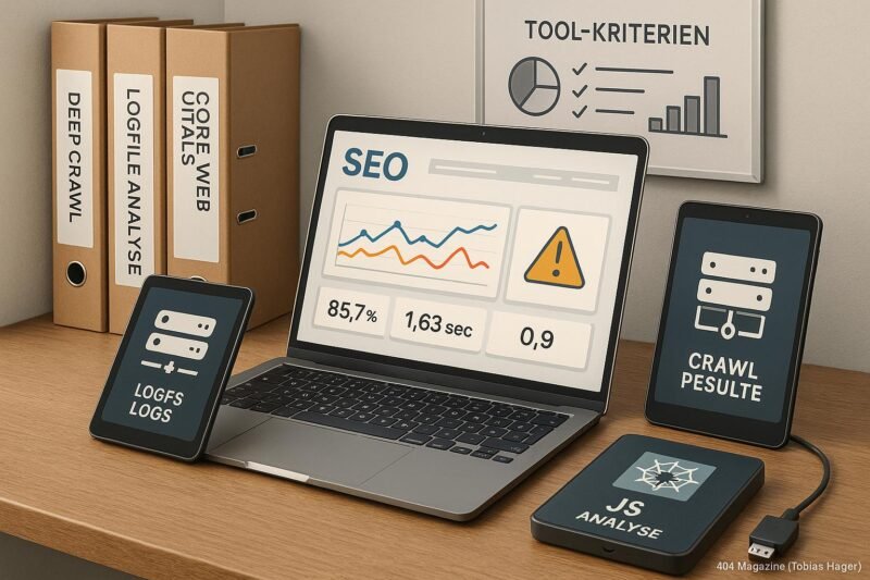 Detailliertes Stillleben eines modernen SEO-Workspaces mit Laptop, Tablets, Papierordnern und Whiteboard, zeigt Tools und Diagramme für technische Suchmaschinenoptimierung.