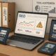 Detailliertes Stillleben eines modernen SEO-Workspaces mit Laptop, Tablets, Papierordnern und Whiteboard, zeigt Tools und Diagramme für technische Suchmaschinenoptimierung.