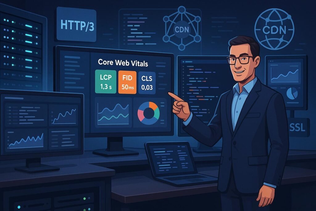 Moderner Digital-Arbeitsplatz mit Monitoren, die Web-Performance-Daten und Technologien anzeigen, inklusive Serverrack, CDN, HTTP/3 und SSL, mit einer Person, die auf die Bildschirme zeigt
