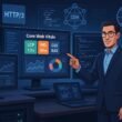 Moderner Digital-Arbeitsplatz mit Monitoren, die Web-Performance-Daten und Technologien anzeigen, inklusive Serverrack, CDN, HTTP/3 und SSL, mit einer Person, die auf die Bildschirme zeigt