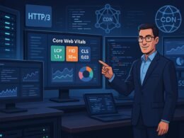 Moderner Digital-Arbeitsplatz mit Monitoren, die Web-Performance-Daten und Technologien anzeigen, inklusive Serverrack, CDN, HTTP/3 und SSL, mit einer Person, die auf die Bildschirme zeigt