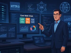 Moderner Digital-Arbeitsplatz mit Monitoren, die Web-Performance-Daten und Technologien anzeigen, inklusive Serverrack, CDN, HTTP/3 und SSL, mit einer Person, die auf die Bildschirme zeigt
