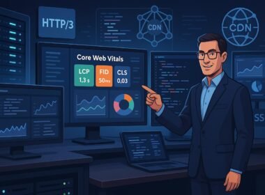 Moderner Digital-Arbeitsplatz mit Monitoren, die Web-Performance-Daten und Technologien anzeigen, inklusive Serverrack, CDN, HTTP/3 und SSL, mit einer Person, die auf die Bildschirme zeigt