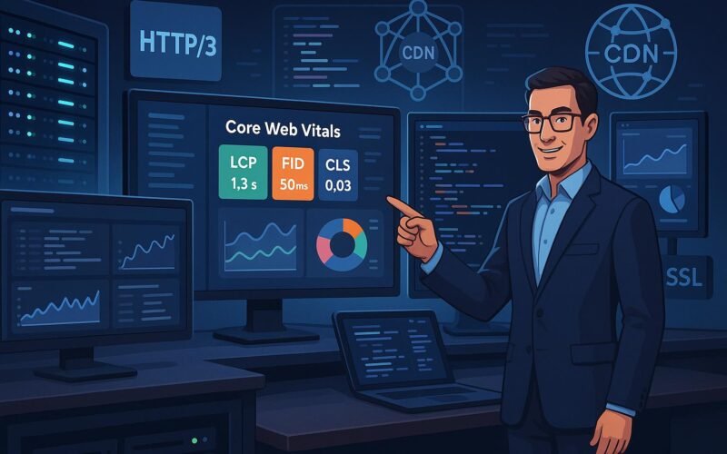 Moderner Digital-Arbeitsplatz mit Monitoren, die Web-Performance-Daten und Technologien anzeigen, inklusive Serverrack, CDN, HTTP/3 und SSL, mit einer Person, die auf die Bildschirme zeigt