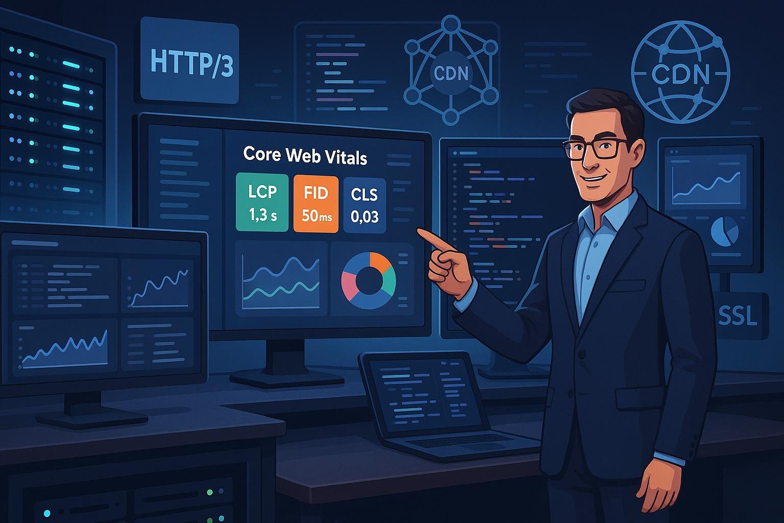 Moderner Digital-Arbeitsplatz mit Monitoren, die Web-Performance-Daten und Technologien anzeigen, inklusive Serverrack, CDN, HTTP/3 und SSL, mit einer Person, die auf die Bildschirme zeigt
