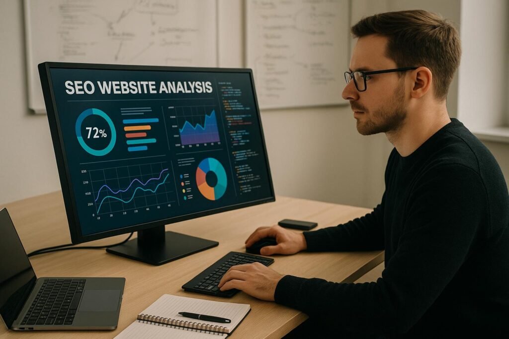 Webmaster in modernem Büro vor einem großen Monitor mit SEO-Analyse, Whiteboards im Hintergrund, Laptop und Notizbücher auf dem Tisch
