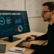 Webmaster in modernem Büro vor einem großen Monitor mit SEO-Analyse, Whiteboards im Hintergrund, Laptop und Notizbücher auf dem Tisch