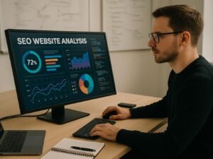 Webmaster in modernem Büro vor einem großen Monitor mit SEO-Analyse, Whiteboards im Hintergrund, Laptop und Notizbücher auf dem Tisch