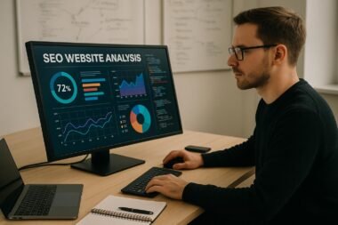 Webmaster in modernem Büro vor einem großen Monitor mit SEO-Analyse, Whiteboards im Hintergrund, Laptop und Notizbücher auf dem Tisch