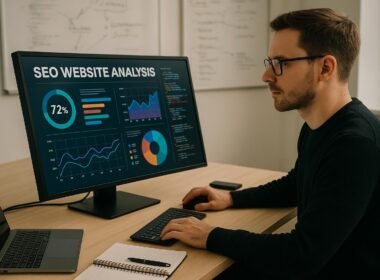 Webmaster in modernem Büro vor einem großen Monitor mit SEO-Analyse, Whiteboards im Hintergrund, Laptop und Notizbücher auf dem Tisch