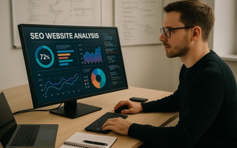 Webmaster in modernem Büro vor einem großen Monitor mit SEO-Analyse, Whiteboards im Hintergrund, Laptop und Notizbücher auf dem Tisch