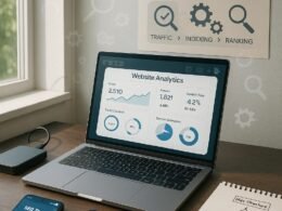 Arbeitsplatz eines professionellen Bloggers mit Laptop, Smartphone, Notizblock und Infografik zu SEO-Elementen, beleuchtet durch natürliches Licht