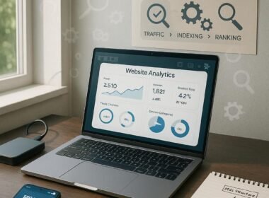Arbeitsplatz eines professionellen Bloggers mit Laptop, Smartphone, Notizblock und Infografik zu SEO-Elementen, beleuchtet durch natürliches Licht