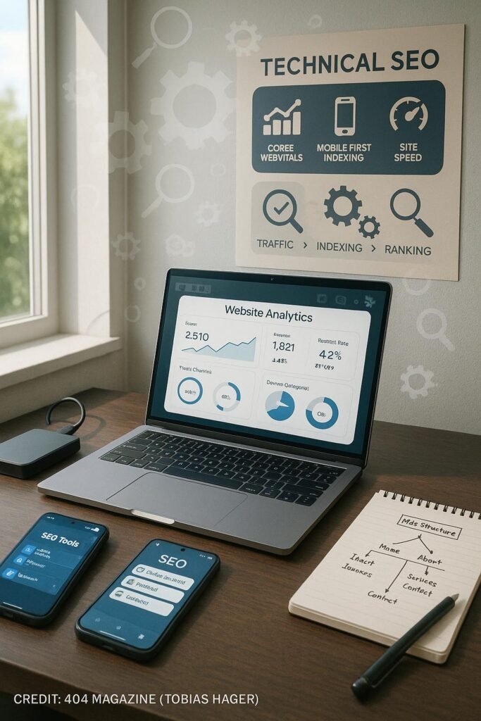 Arbeitsplatz eines professionellen Bloggers mit Laptop, Smartphone, Notizblock und Infografik zu SEO-Elementen, beleuchtet durch natürliches Licht