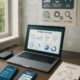 Arbeitsplatz eines professionellen Bloggers mit Laptop, Smartphone, Notizblock und Infografik zu SEO-Elementen, beleuchtet durch natürliches Licht