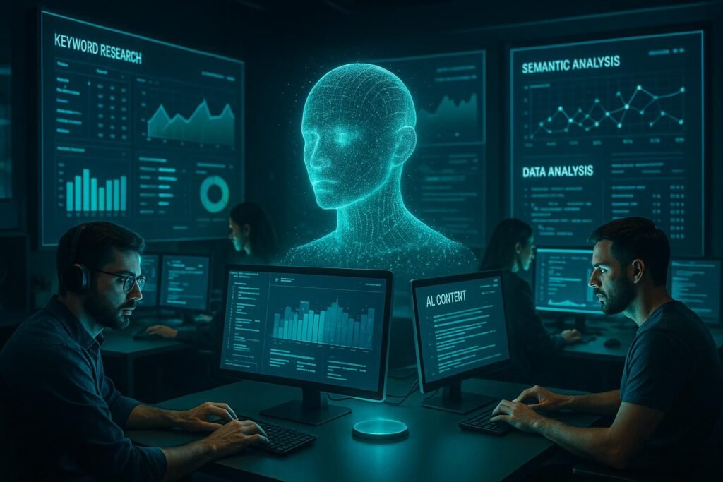 Ein modernes Digitalmarketing-Büro mit holographischem KI-Sprachmodell, Fachleute bei Datenanalyse vor Bildschirmen, große digitale Displays im Hintergrund, futuristische Atmosphäre mit blauen und grünen Akzenten, Credit: 404 Magazine (Tobias Hager)