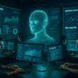 Ein modernes Digitalmarketing-Büro mit holographischem KI-Sprachmodell, Fachleute bei Datenanalyse vor Bildschirmen, große digitale Displays im Hintergrund, futuristische Atmosphäre mit blauen und grünen Akzenten, Credit: 404 Magazine (Tobias Hager)