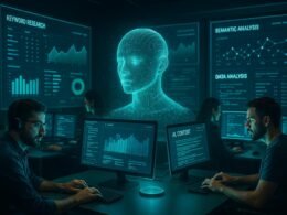 Ein modernes Digitalmarketing-Büro mit holographischem KI-Sprachmodell, Fachleute bei Datenanalyse vor Bildschirmen, große digitale Displays im Hintergrund, futuristische Atmosphäre mit blauen und grünen Akzenten, Credit: 404 Magazine (Tobias Hager)