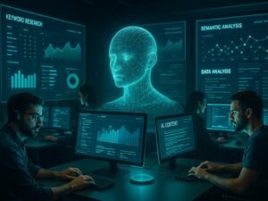 Ein modernes Digitalmarketing-Büro mit holographischem KI-Sprachmodell, Fachleute bei Datenanalyse vor Bildschirmen, große digitale Displays im Hintergrund, futuristische Atmosphäre mit blauen und grünen Akzenten, Credit: 404 Magazine (Tobias Hager)