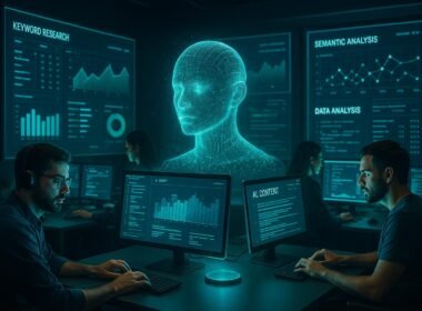 Ein modernes Digitalmarketing-Büro mit holographischem KI-Sprachmodell, Fachleute bei Datenanalyse vor Bildschirmen, große digitale Displays im Hintergrund, futuristische Atmosphäre mit blauen und grünen Akzenten, Credit: 404 Magazine (Tobias Hager)