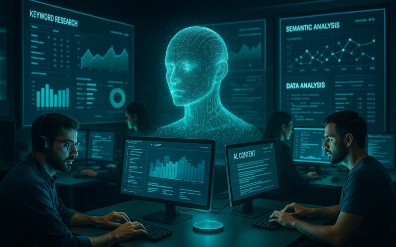 Ein modernes Digitalmarketing-Büro mit holographischem KI-Sprachmodell, Fachleute bei Datenanalyse vor Bildschirmen, große digitale Displays im Hintergrund, futuristische Atmosphäre mit blauen und grünen Akzenten, Credit: 404 Magazine (Tobias Hager)