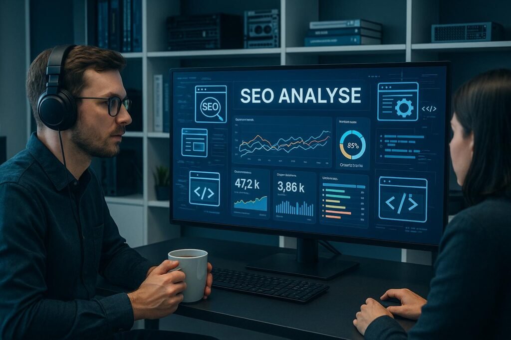 Modernes High-Tech-Büro mit großem Bildschirm, Analysten, die an SEO-Daten arbeiten, digitale Diagramme und technische Komponenten