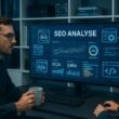 Modernes High-Tech-Büro mit großem Bildschirm, Analysten, die an SEO-Daten arbeiten, digitale Diagramme und technische Komponenten