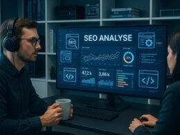 Modernes High-Tech-Büro mit großem Bildschirm, Analysten, die an SEO-Daten arbeiten, digitale Diagramme und technische Komponenten