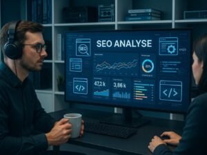 Modernes High-Tech-Büro mit großem Bildschirm, Analysten, die an SEO-Daten arbeiten, digitale Diagramme und technische Komponenten