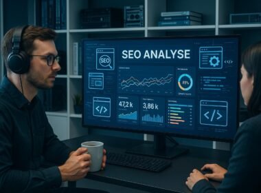 Modernes High-Tech-Büro mit großem Bildschirm, Analysten, die an SEO-Daten arbeiten, digitale Diagramme und technische Komponenten