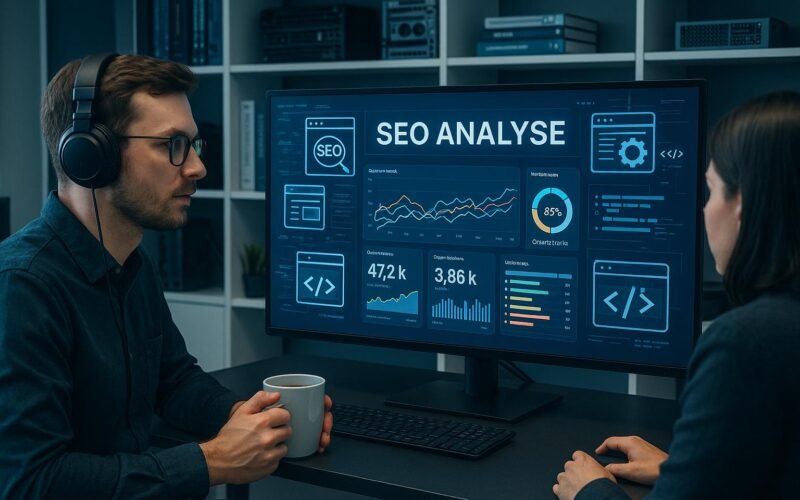 Modernes High-Tech-Büro mit großem Bildschirm, Analysten, die an SEO-Daten arbeiten, digitale Diagramme und technische Komponenten