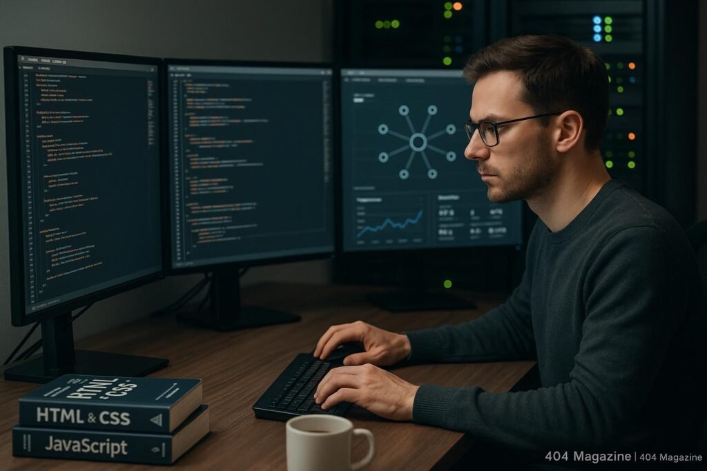 Ein moderner Webentwickler bei der Arbeit mit mehreren Monitoren, Servern im Hintergrund und technischen Manuals auf dem Schreibtisch.