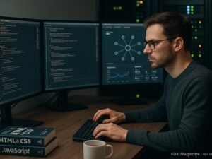 Ein moderner Webentwickler bei der Arbeit mit mehreren Monitoren, Servern im Hintergrund und technischen Manuals auf dem Schreibtisch.