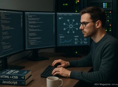 Ein moderner Webentwickler bei der Arbeit mit mehreren Monitoren, Servern im Hintergrund und technischen Manuals auf dem Schreibtisch.