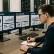 Moderner Computerraum mit Monitoren, die SEO-Dashboards und Site-Analysen zeigen, im Vordergrund eine Person, die Notizen macht, mit Server-Racks im Hintergrund.