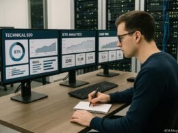 Moderner Computerraum mit Monitoren, die SEO-Dashboards und Site-Analysen zeigen, im Vordergrund eine Person, die Notizen macht, mit Server-Racks im Hintergrund.