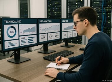 Moderner Computerraum mit Monitoren, die SEO-Dashboards und Site-Analysen zeigen, im Vordergrund eine Person, die Notizen macht, mit Server-Racks im Hintergrund.
