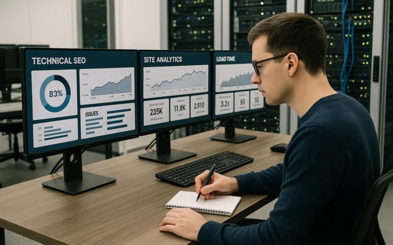 Moderner Computerraum mit Monitoren, die SEO-Dashboards und Site-Analysen zeigen, im Vordergrund eine Person, die Notizen macht, mit Server-Racks im Hintergrund.