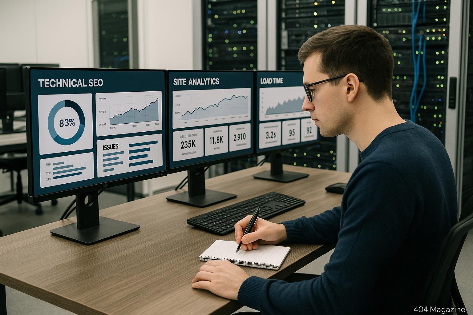 Moderner Computerraum mit Monitoren, die SEO-Dashboards und Site-Analysen zeigen, im Vordergrund eine Person, die Notizen macht, mit Server-Racks im Hintergrund.
